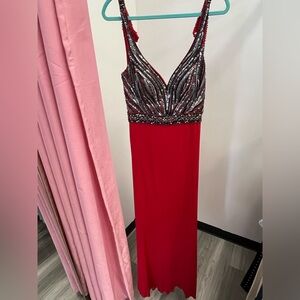 Glamorous Red Backless Dress with Beaded Bodice